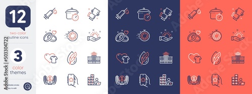 Set of Hospital building, Hypoallergenic tested and Medical syringe line icons. Include Laureate award, Boiling pan, Favorite app icons. Clothing, Seo timer, Inventory web elements. Vector
