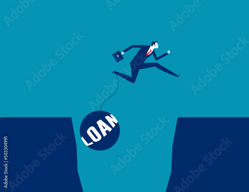 Jumps over ravine with feet chained to iron ball. Determination in business concept