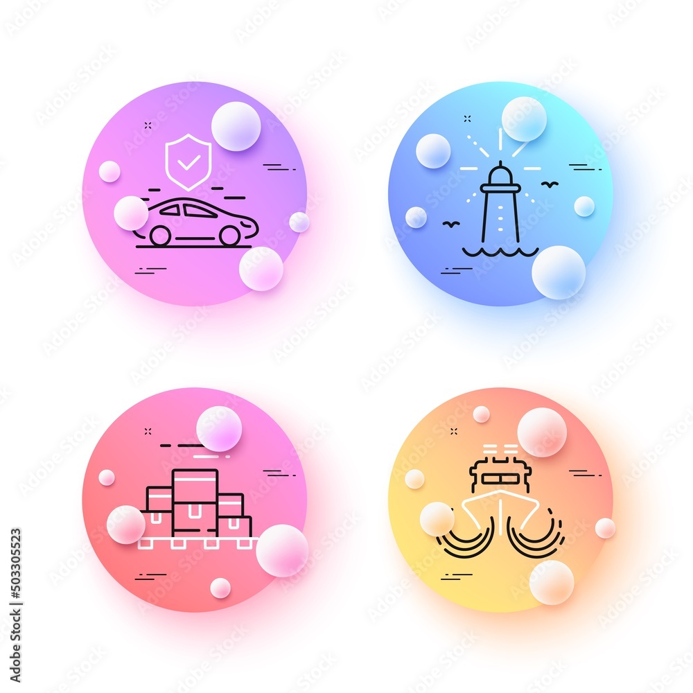 Ship, Boxes pallet and Lighthouse minimal line icons. 3d spheres or balls buttons. Transport insurance icons. For web, application, printing. Vector