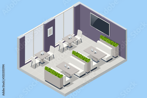 Fast Food Court. Isometric Sushi, Coffee, Ice Cream, Burgers, Salad and Pizza Place, Cafeteria, Restaurant Interior, Catering, Shopping Mall. © Golden Sikorka