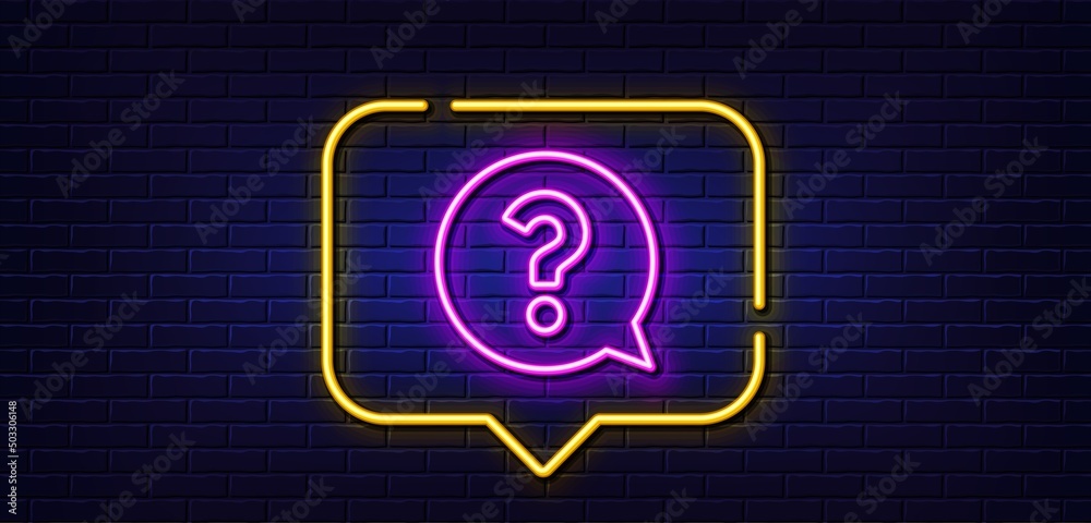 Neon light speech bubble. Question mark line icon. Help speech bubble sign. FAQ symbol. Neon light background. Question mark glow line. Brick wall banner. Vector Neon light speech bubble. Question mark line icon. Help speech bubble sign. FAQ symbol. Neon light background. Question mark glow line. Brick wall banner. Vector