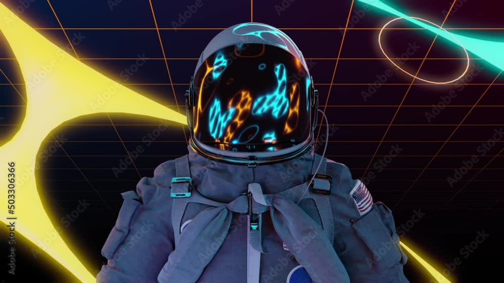 Futuristic astronaut retrowave loop 3d animation. Technology and science theme