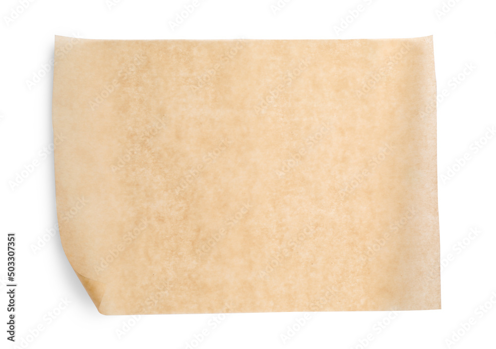 Sheet of brown baking paper on white background, top view Sheet of brown baking paper on white background, top view