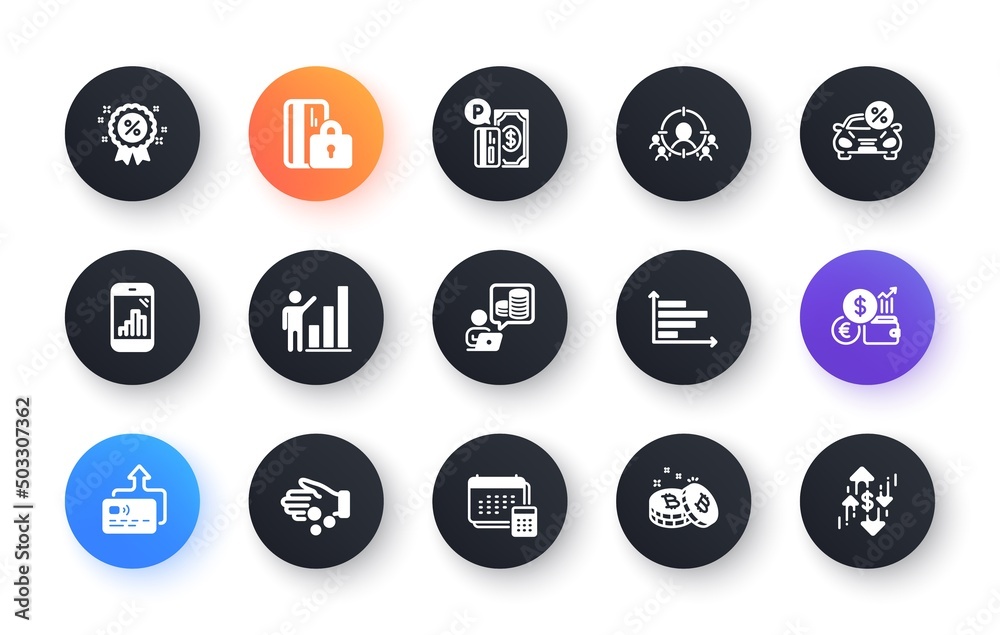 Minimal set of Horizontal chart, Car leasing and Budget accounting flat icons for web development. Discount, Business targeting, Parking payment icons. Graph phone, Bitcoin. Vector Minimal set of Horizontal chart, Car leasing and Budget accounting flat icons for web development. Discount, Business targeting, Parking payment icons. Graph phone, Bitcoin. Vector