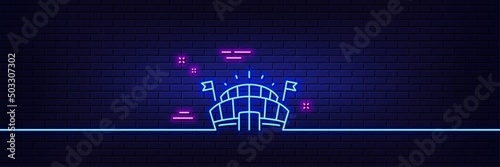 Neon light glow effect. Sports arena line icon. Stadium with flags sign. Sport complex symbol. 3d line neon glow icon. Brick wall banner. Sports arena outline. Vector
