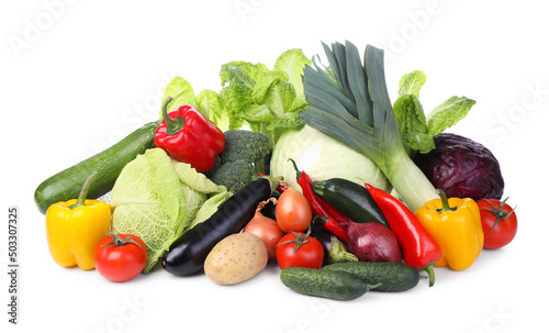 Heap of fresh ripe vegetables on white background