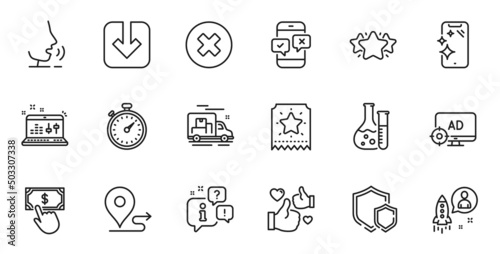 Outline set of Load document, Journey and Startup line icons for web application. Talk, information, delivery truck outline icon. Include Seo adblock, Payment click, Like icons. Vector