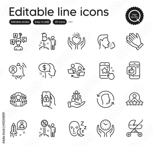 Set of People outline icons. Contains icons as Face id  Startup and Women group elements. Mobile like  Discount  Safe time web signs. User notification  Human rating  Quiz test elements. Vector