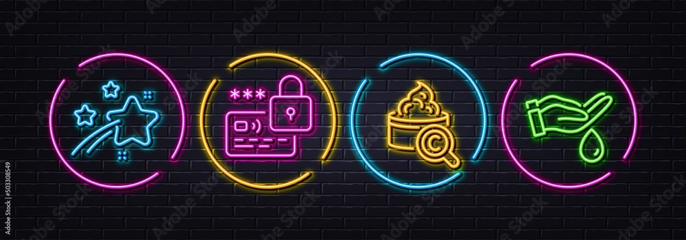 Collagen skin, Lock and Falling star minimal line icons. Neon laser 3d lights. Wash hands icons. For web, application, printing. Skin care, Blocked credit card, Night star. Neon lights buttons. Vector