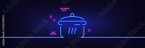 Neon light glow effect. Boiling pan line icon. Cooking sign. Food preparation symbol. 3d line neon glow icon. Brick wall banner. Boiling pan outline. Vector