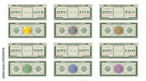 Vector set of paper bitcoins with denominations from 1 to 100. Samples of the obverse and reverse of play money. Empty square