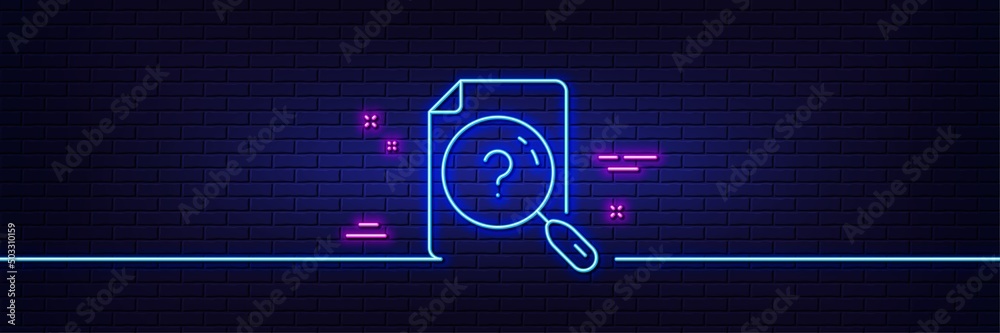 Neon light glow effect. Search document line icon. Help book sign. Instruction manual symbol. 3d line neon glow icon. Brick wall banner. Search document outline. Vector