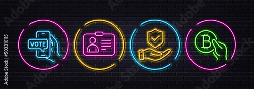 Insurance hand, Online voting and Id card minimal line icons. Neon laser 3d lights. Bitcoin pay icons. For web, application, printing. Full coverage, Internet chat, Human document. Vector
