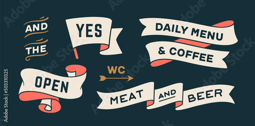 Vintage graphic set. Ribbon, flag, arrow, board with text Yes, Open, Menu, Coffee, Beer, WC sign. Set of ribbon banner and retro graphic. Isolated vintage old school set shapes. Vector Illustration