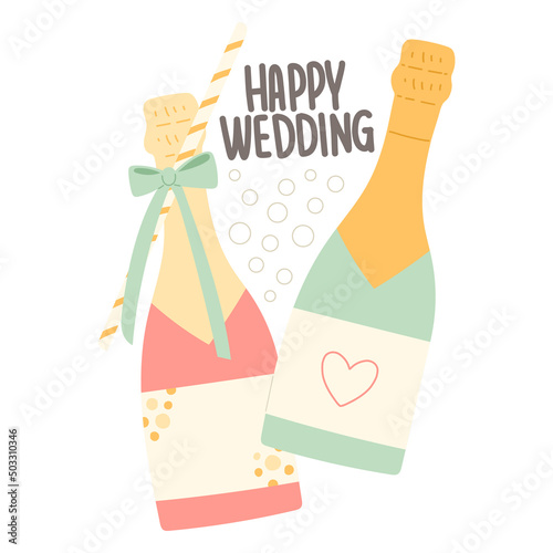 Happy wedding flat vector with champagne bottle