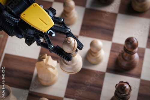 Close-up view of robot playing chess