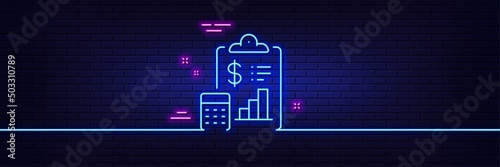 Neon light glow effect. Report line icon. Accounting clipboard document sign. Budget info symbol. 3d line neon glow icon. Brick wall banner. Report outline. Vector
