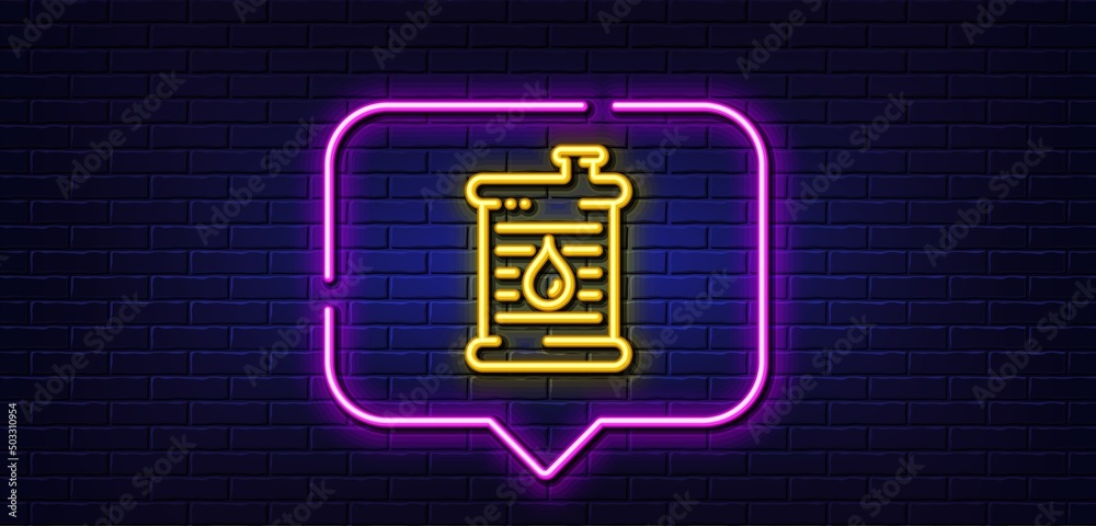 Neon light speech bubble. Barrel of oil line icon. Gasoline or diesel fuel sign. Petroleum power energy symbol. Neon light background. Oil barrel glow line. Brick wall banner. Vector Neon light speech bubble. Barrel of oil line icon. Gasoline or diesel fuel sign. Petroleum power energy symbol. Neon light background. Oil barrel glow line. Brick wall banner. Vector