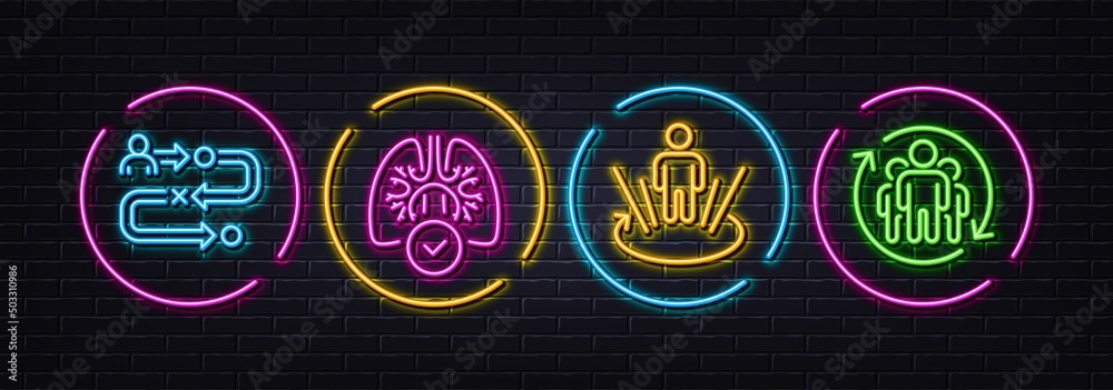 Augmented reality, Journey path and Lungs minimal line icons. Neon laser 3d lights. Teamwork icons. For web, application, printing. Virtual reality, Project process, Respiratory pneumonia. Vector