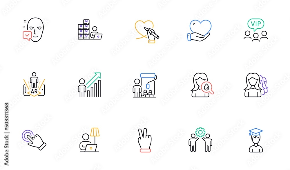 Inventory, Moisturizing cream and Painter line icons for website, printing. Collection of Social care, Floor lamp, Employee result icons. Touchscreen gesture, Victory hand. Vector Inventory, Moisturizing cream and Painter line icons for website, printing. Collection of Social care, Floor lamp, Employee result icons. Touchscreen gesture, Victory hand. Vector