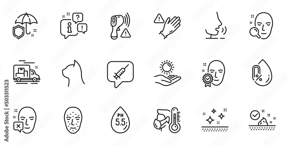 Outline set of Face verified, Face biometrics and Sick man line icons for web application. Talk, information, delivery truck outline icon. Include Sun protection, Ph neutral, No alcohol icons. Vector