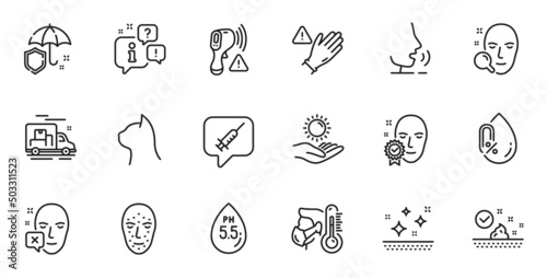 Outline set of Face verified, Face biometrics and Sick man line icons for web application. Talk, information, delivery truck outline icon. Include Sun protection, Ph neutral, No alcohol icons. Vector