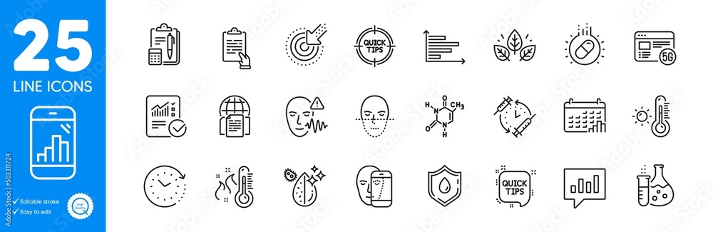 Outline icons set. Time change, Capsule pill and Internet documents icons. Quick tips, Analytical chat, Clipboard web elements. Face recognition, High thermometer, Accounting signs. Vector