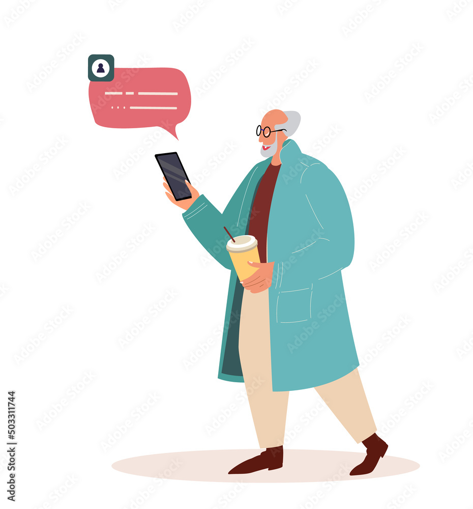 Retired Man Speak by Mobile Phone Landing Page Template. Elderly Man Communicate in Social Networks. Senior Character Browsing Internet, Messaging with Friends. Cartoon People Vector Illustration Retired Man Speak by Mobile Phone Landing Page Template. Elderly Man Communicate in Social Networks. Senior Character Browsing Internet, Messaging with Friends. Cartoon People Vector Illustration