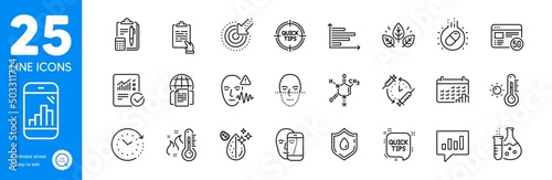 Outline icons set. Time change, Capsule pill and Internet documents icons. Quick tips, Analytical chat, Clipboard web elements. Face recognition, High thermometer, Accounting signs. Vector