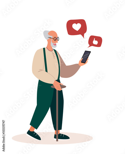 Retired Man Speak by Mobile Phone Landing Page Template. Elderly Man Communicate in Social Networks. Senior Character Browsing Internet, Messaging with Friends. Cartoon People Vector Illustration