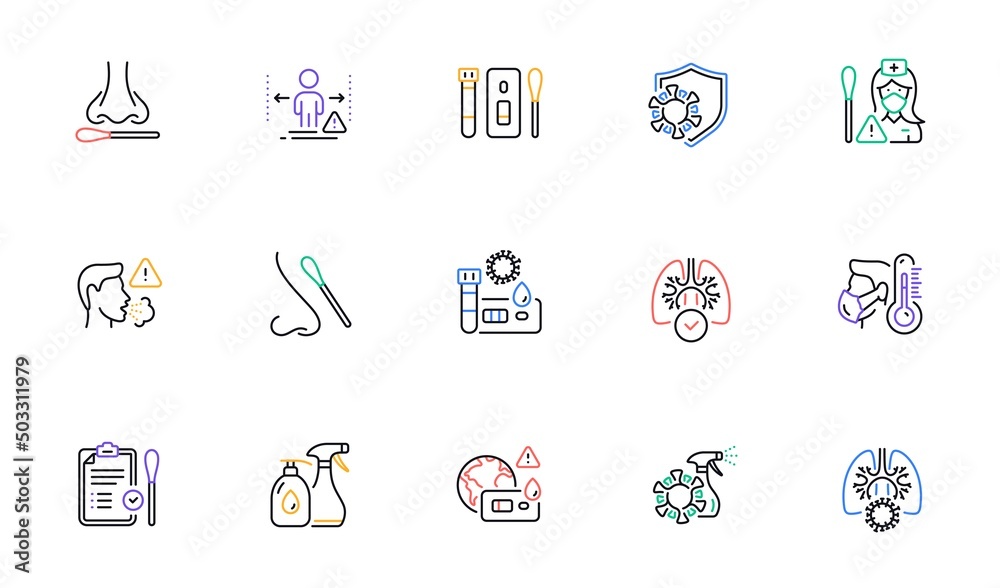 Covid Test line icons. Nasal swab and Blood testing. Social Distance, Hand Sanitizer, Rapid Antigen Test icons. Coronavirus protection, Pneumonia virus. Nose with cotton swab. Vector
