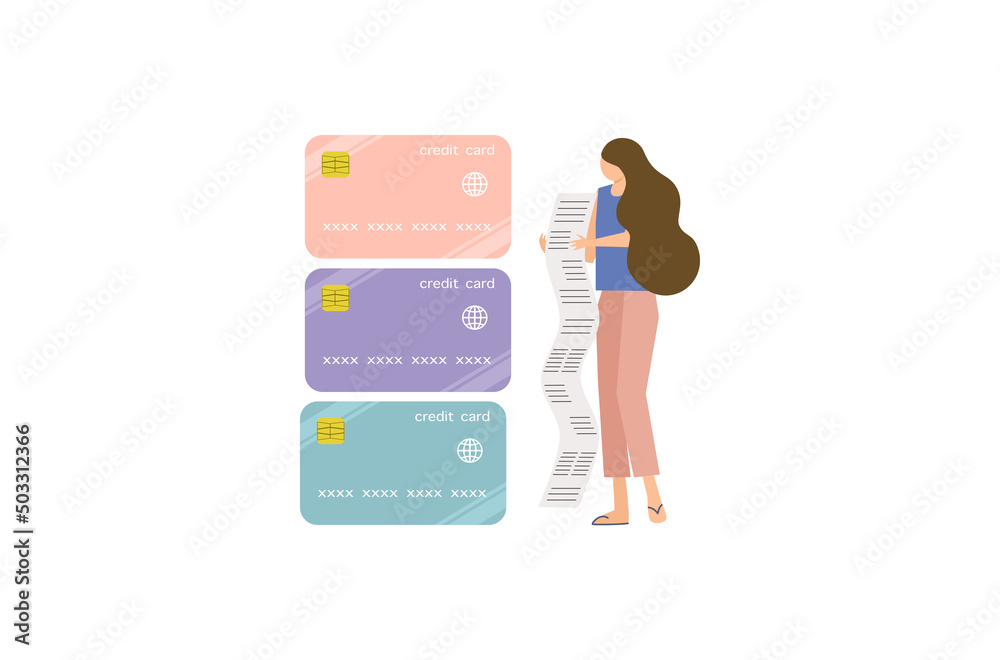 A woman is holding credit card invoice, flat design of money management vector, flat design of a woman with long shopping list vector, flat design of a woman’s using credit card vector. A woman is holding credit card invoice, flat design of money management vector, flat design of a woman with long shopping list vector, flat design of a woman’s using credit card vector.