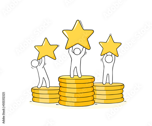 Cartoon people standing with gold stars on the coins