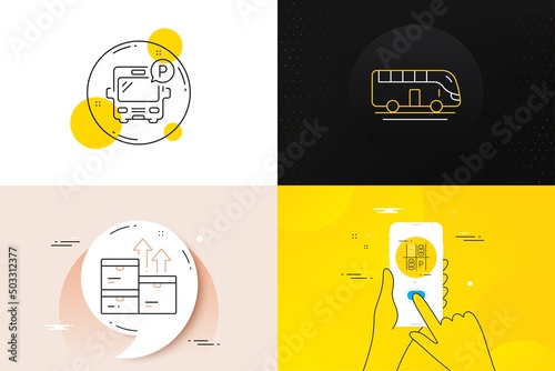 Minimal set of Wholesale goods, Parking place and Bus parking line icons. Phone screen, Quote banners. Bus tour icons. For web development. Warehouse inventory, Transport, Public park. Vector
