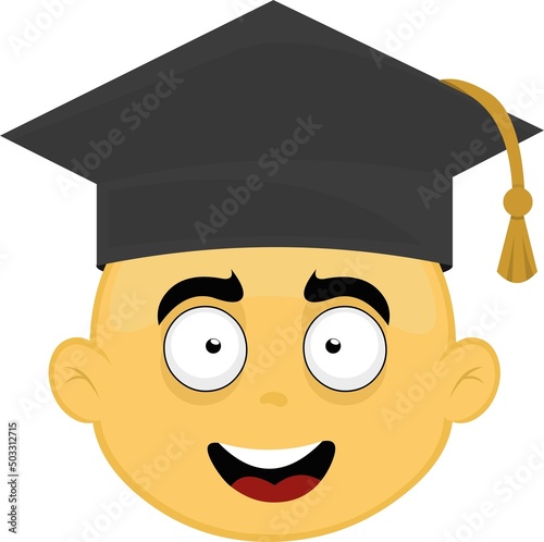 Vector illustration of the face of a cartoon character with a graduation cap