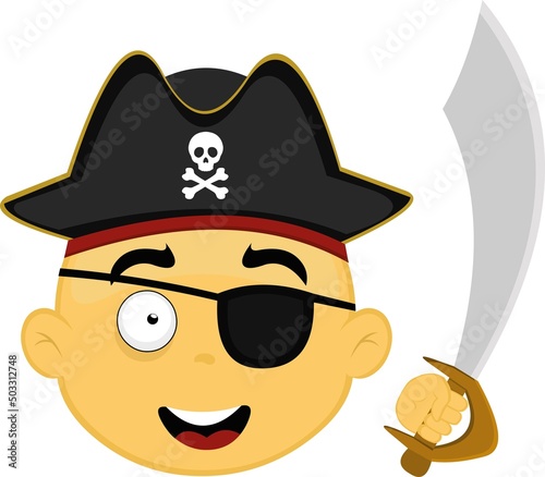 Vector illustration of yellow cartoon character face with an eye patch, hat and pirate sword