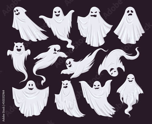 Cartoon halloween ghost, ghosted spooky spirit and mysterious phantoms. Spooky flying phantom ghosts vector symbols illustrations set. Mysterious night shadows characters photo