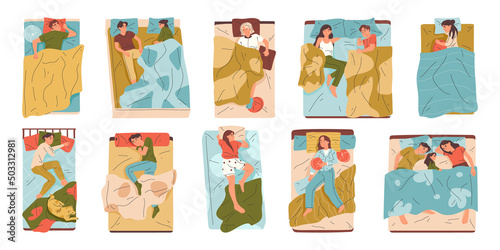 People sleeping in beds under blankets, lying asleep characters. Sleep couples and families with children and pets vector symbols illustration set. Male and female characters resting in beds