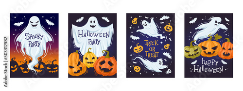 Halloween holiday spooky ghost party banner, scary pumpkins cards. Cartoon ghosted spirit and spooky pumpkins vector background illustrations. Halloween party spooky posters