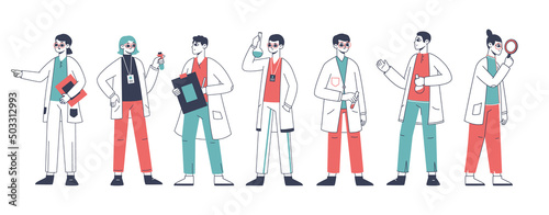 Biology research lab outline workers group, biotechnology lab employees characters. Scientist lab chemists with test tubes and loupes vector illustration set. Researching work scientific team