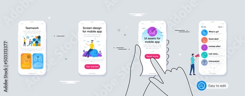 Set of Online discounts, Volunteer and Social distancing line icons. Phone ui interface. Include Face id, Artificial intelligence, Employee result icons. Vector
