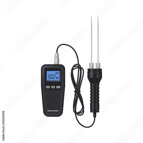 Realistic Moisture Meter with probe. Measuring device designed to determine the humidity. Vector illustration.