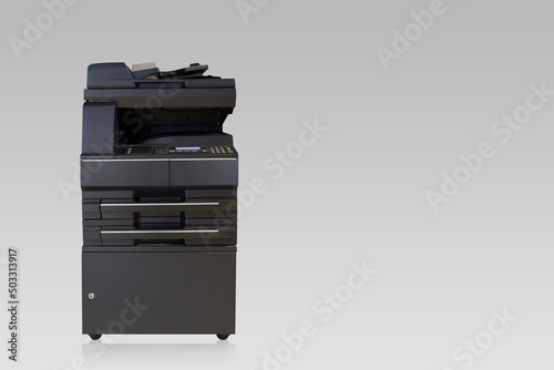 front view black and white copier on white background, technology, object, office, work, copy space