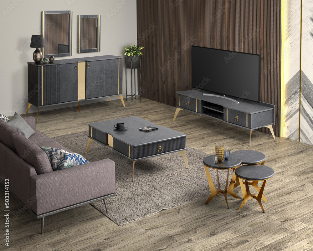 3D render tv room . sofa , side board , coffee table and tv table set in modern decoration 3D render tv room . sofa , side board , coffee table and tv table set in modern decoration