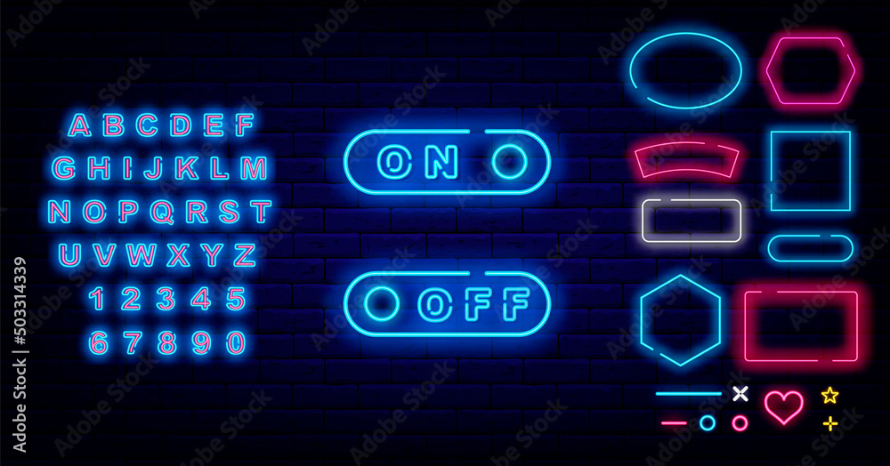 On off switch neon sign set. Frames collection. Shiny blue alphabet. User navigation element. Vector stock illustration