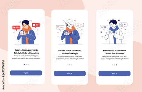 Social network concept. man posts his photo, receives comments and likes. internet addiction and online communication character scene.
