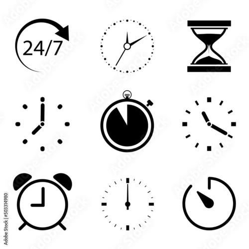 Clock icon. Collection of different clocks. Watch, time icon, symbol. Black and white design. Vector illustration. EPS 10