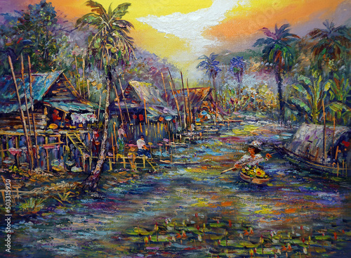 The collection of colorful art oil paintings is a background from Thailand. Countryside