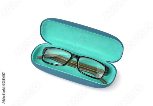 Pair of Glasses in Case isolated on white background