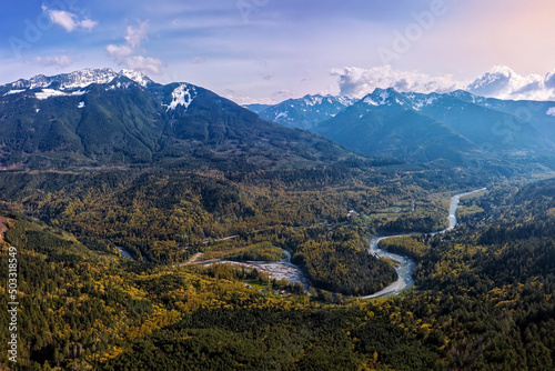 Panoramic view of the Chilliwack River, the valley and the peaks of MacFarlane, Crossover and Slesse Mountains in the background, Chilliwack
